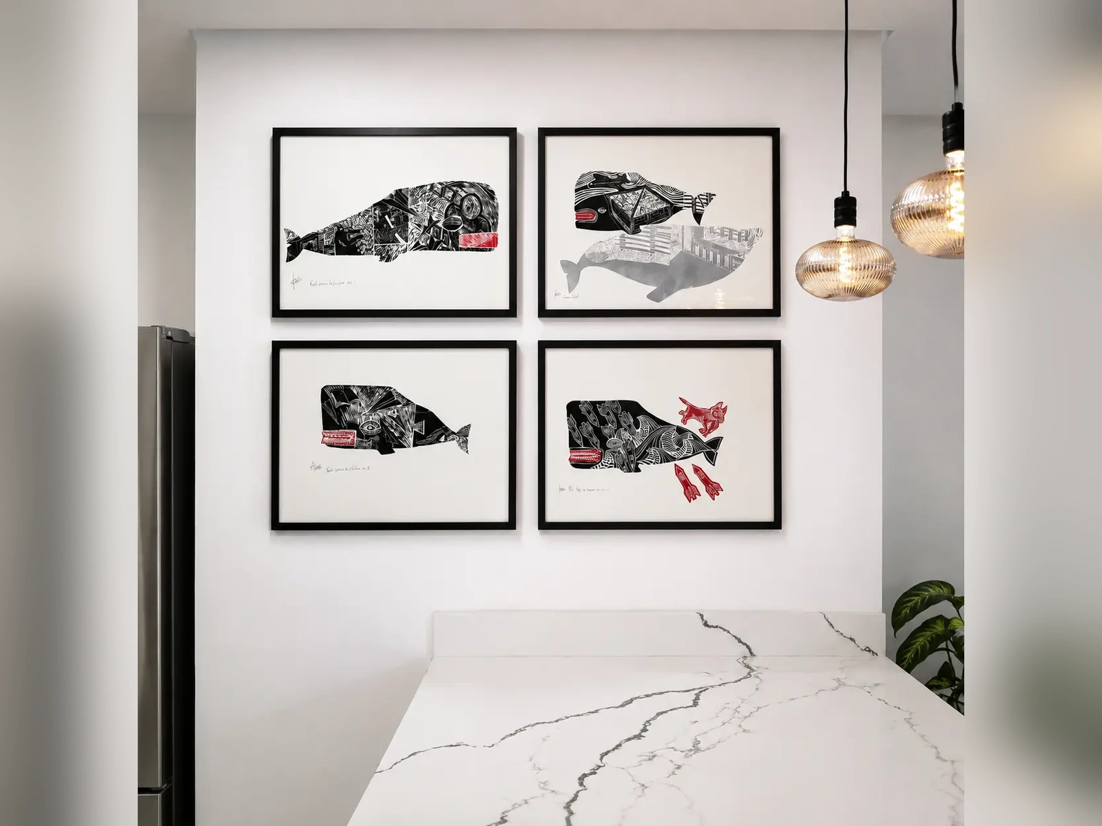 Finished framed artworks installed in an interior