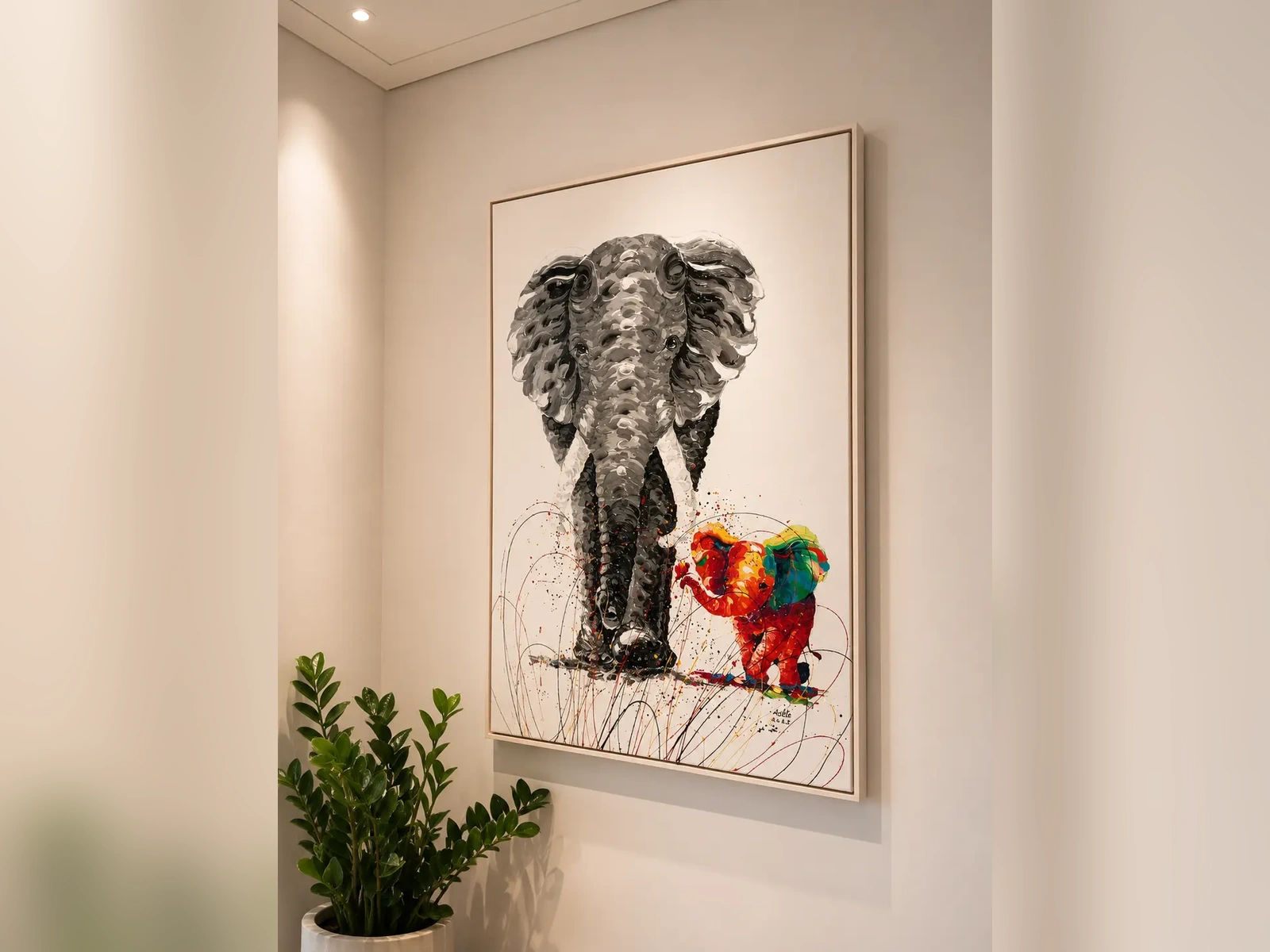 Large custom framed artwork installed in a modern interior