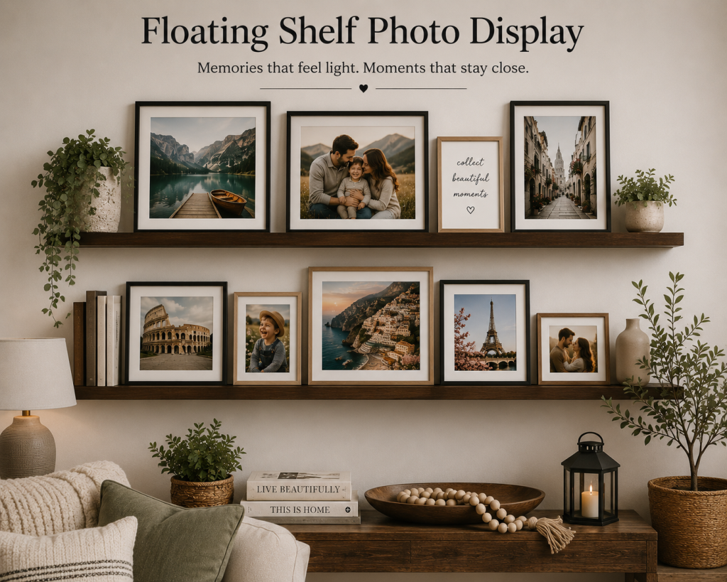 Floating Shelf Photo Display_Framed Collage Photo Ideas